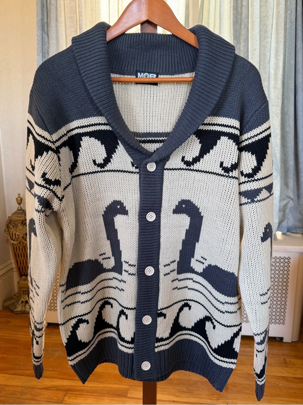 Mob Navy and Cream Swan Pattern Shawl Collar Button-Front Sweater Medium